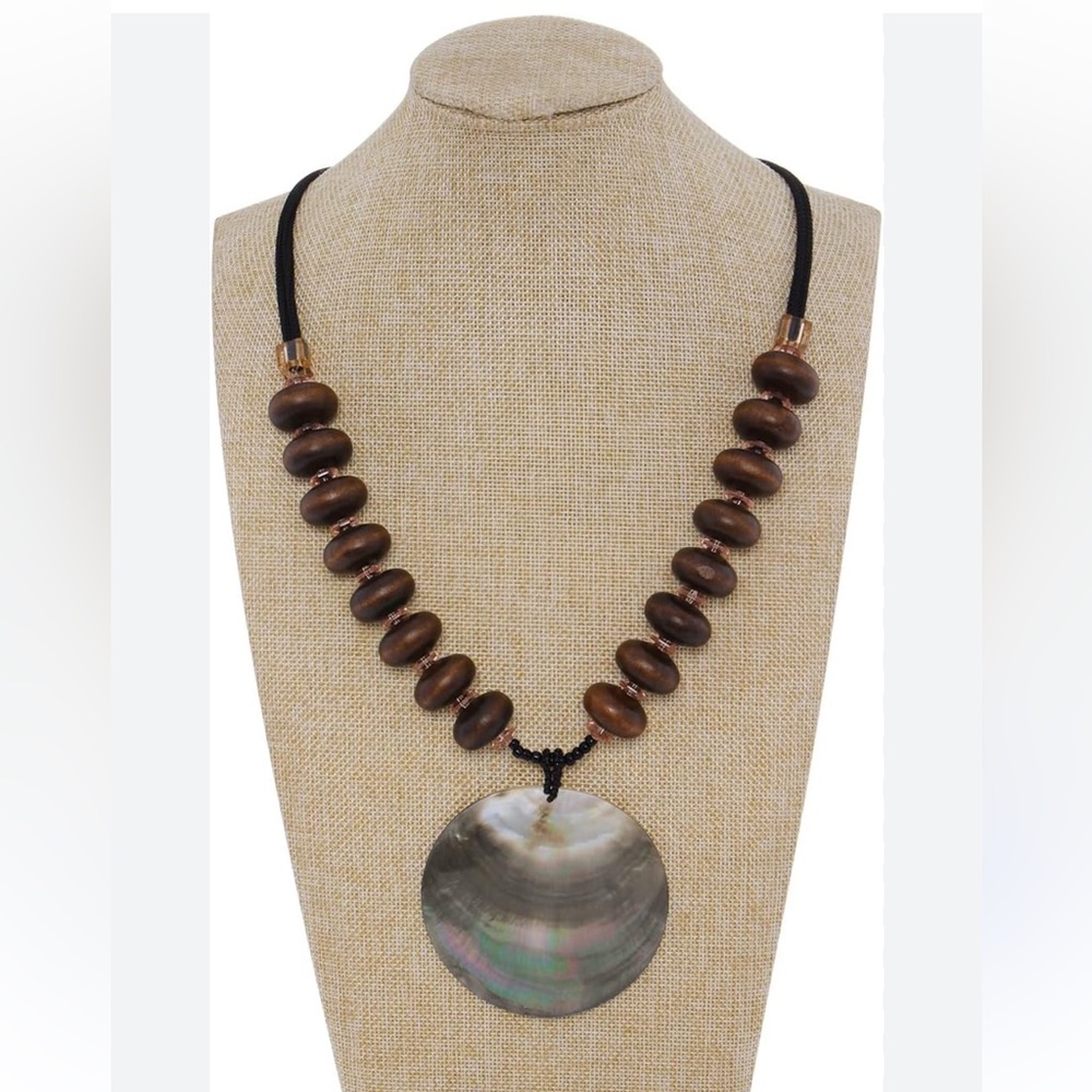 Layered Wood Beaded Mother of Pearl Necklace